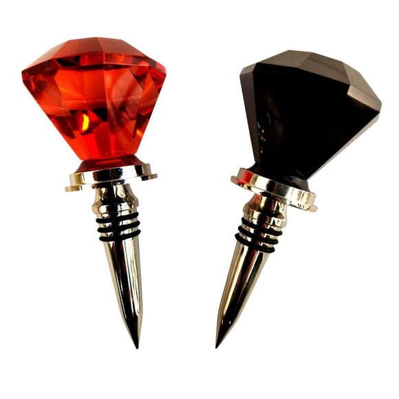 Diamond-Shaped Wine Bottle Stoppers Red & Black Acrylic Tops With Chrome Finish - Picture 1 of 6
